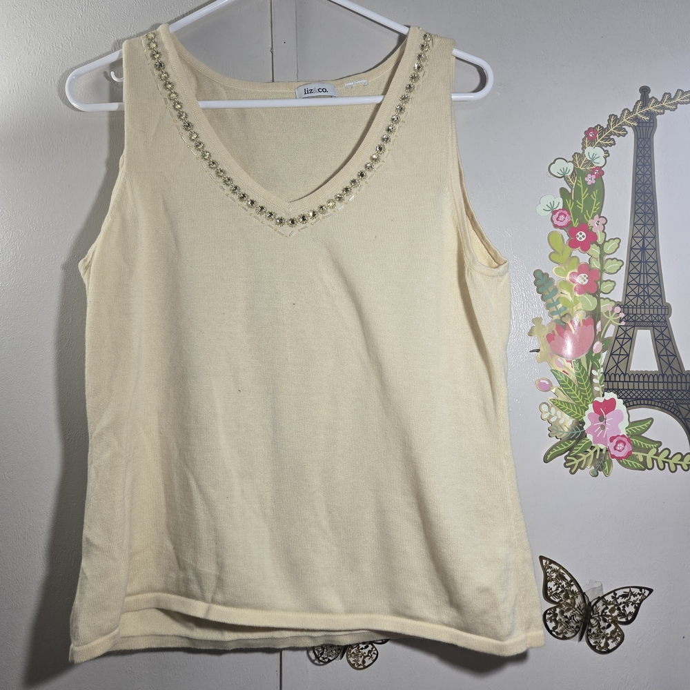 liz & co. Pale Yellow V-Neck Beaded Sleeveless Tank